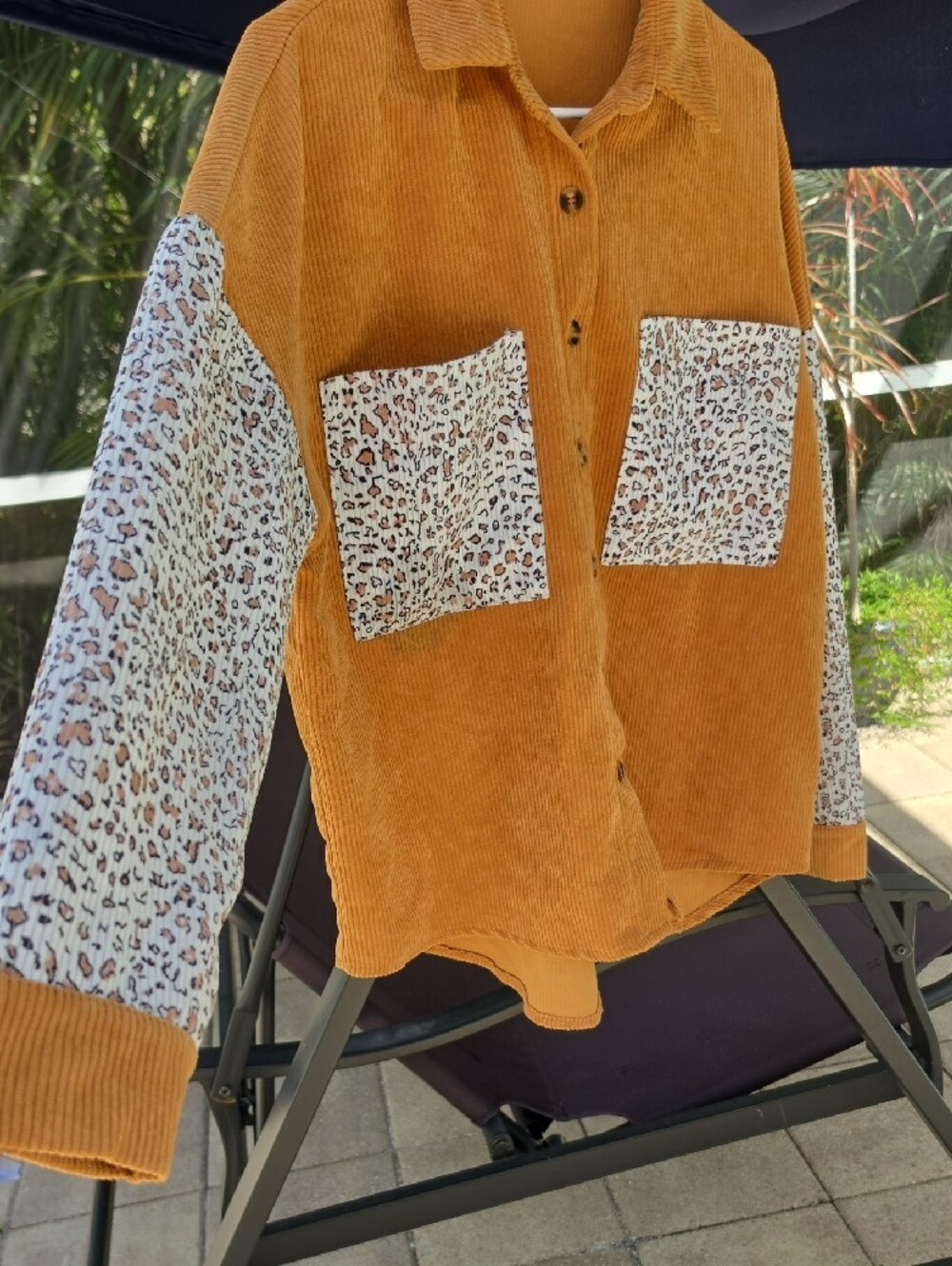 Corduroy Button-Down Shirt with Leopard Patch Pockets